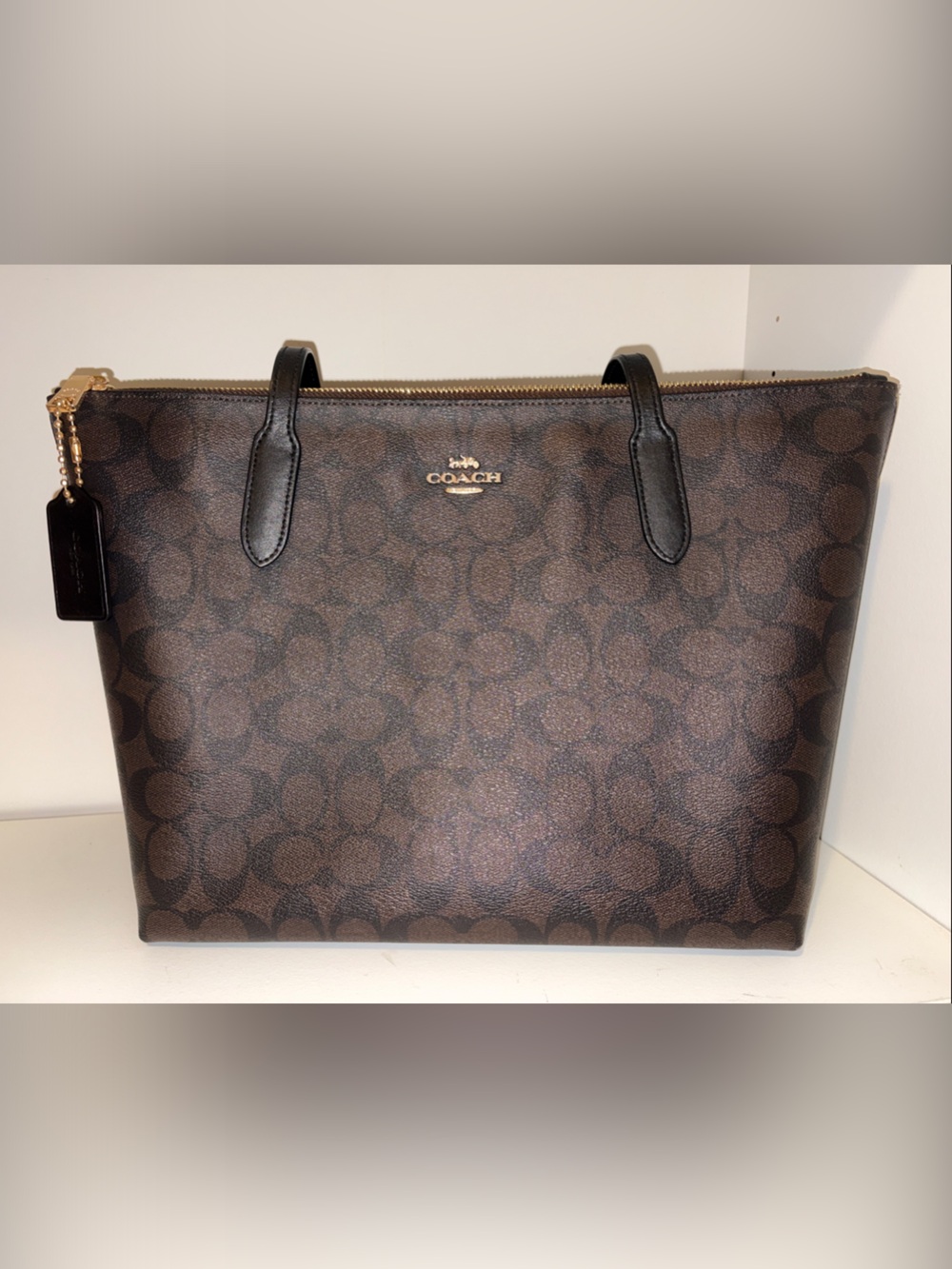 Coach Brown Signature Canvas Top-Zip Briefcase with Black Trim
